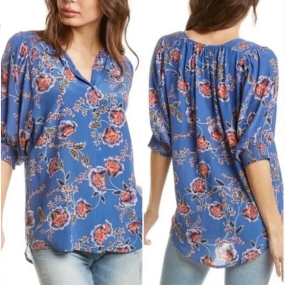 Jade Johnny Was Women's Raine Silk Floral Print‎ Puff Sleeve Blouse Blue Medium